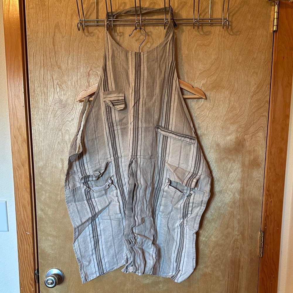 Linen Stripe Split-Leg Work Apron with Utility Pockets